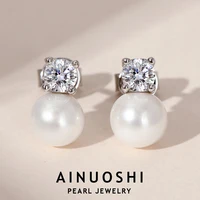 AINUOSHI 925 Sterling Silver Ladies Ear Stud 8-9mm White Shell Beads & 3.5mm Zircon Earrings for Women Fashion Jewelry Gift 1