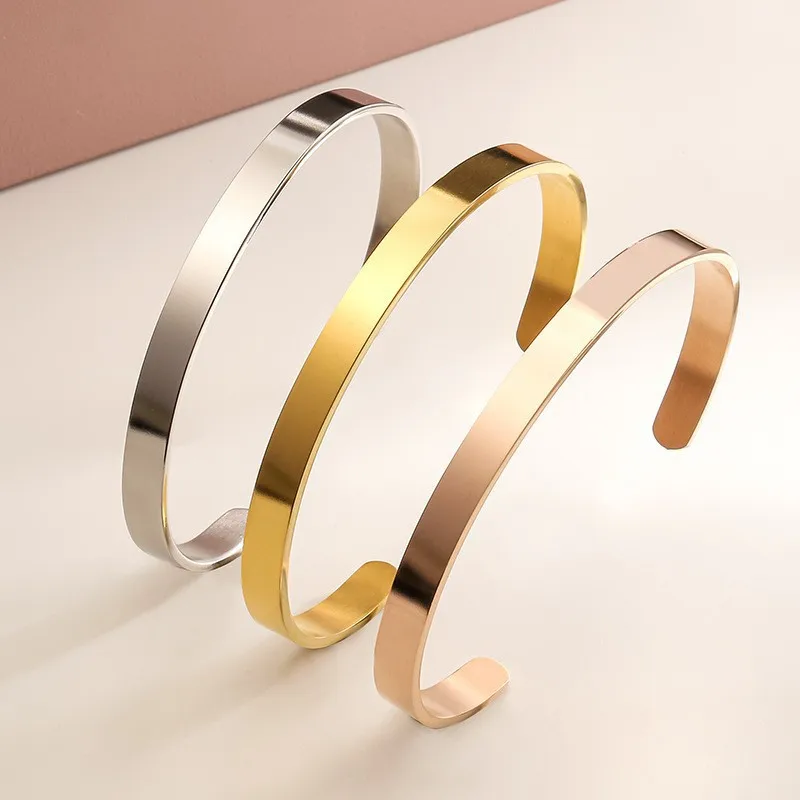 New Classic Simple Men's Open Adjustable Gloss 4MM Stainless Steel Bracelet - Steel Finish Detail