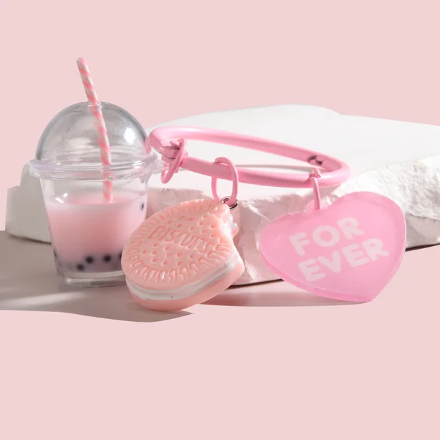 Cute Ice-cream Bubble Tea Keychains Pink Biscuit Key Rings Women Girl Handbag Pendant Jewelry Best Friend Gift