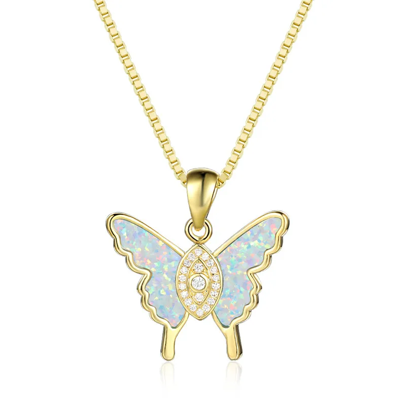 Female Cute Butterfly Pendant Necklace White Blue Opal Stone Animal Necklace Fashion Gold Silver Color Chain Necklaces For Women