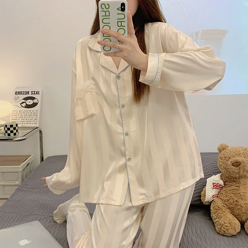 Women 2 Piece Pajama Set Striped Print Pijama Silk Satin Pyjamas Pocket Female Sleepwear Lapel Long Sleeve Shirt Pants Homewear