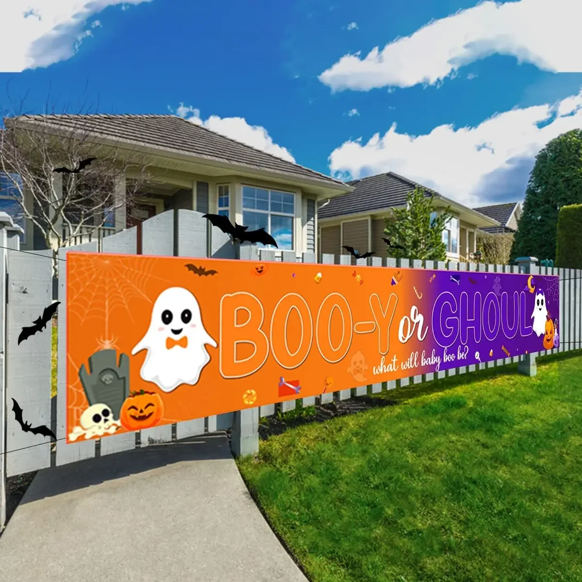 

FANGLELAND Halloween Orange Purple Booy or Ghoul Yard Banner Fall Gender Reveal Baby Shower Party Decor Outdoor Fence Banner