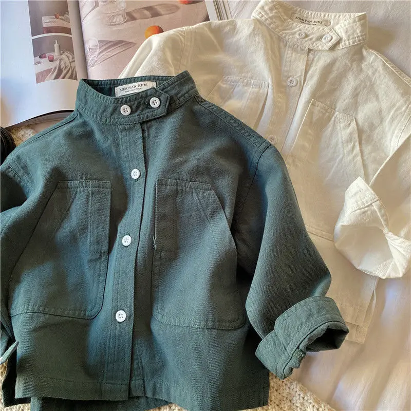 Children's Shirt 2023 Spring and Autumn New Solid Color Stand Collar Shirt Boys and Girls Jacket Baby