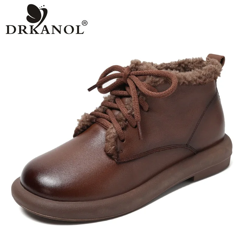 

DRKANOL Women Snow Boots Winter Warm Fur Shoes 100% Genuine Cow Leather Lace-Up Round Toe Flat Heel Casual Short Ankle Boots