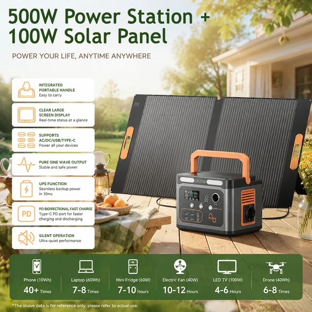 Station d'alimentation portable 500W avec kit de panneaux solaires pliables 100W en option, générateur d'énergie à charge rapide, alimentation de grande capacité pour le camping, les voyages, la maison, les camping-cars et les aventures en plein air 1