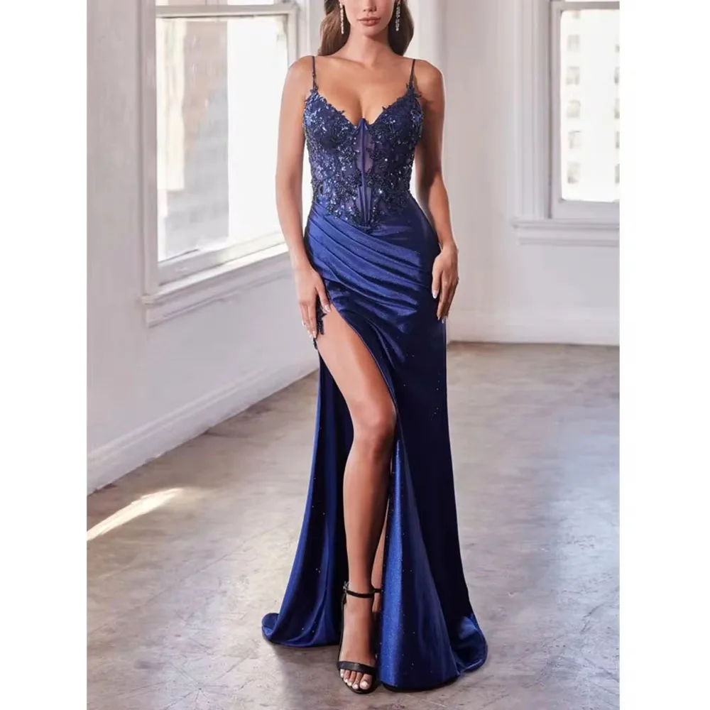 Spaghetti Strap Deep V Neck Sheer Mesh Corset High Slit Sky Blue Mermaid Evening Gown main image 1