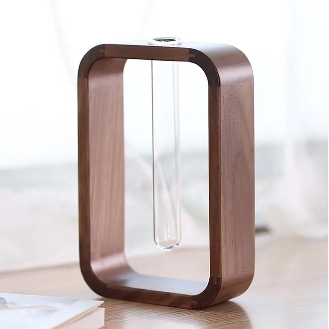Solid Wood Test Tube Vase, Transparent Glass, Tabletop Decoration, Black Walnut, Green, Green, Living Room 4