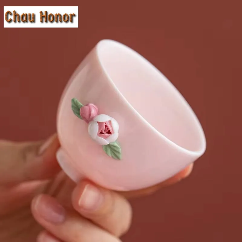 Creative Pink Flower Pinching Ceramic Small Tea Cup Handmade Household Chinese Kung Fu Teaset Tea Ceremony Accessories Drinkware