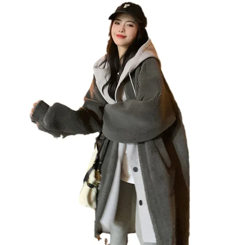 Korean Chic Long Hooded Dress Jacket Lamb Velvet Fashionable Loose Versatile Autumn Winter New Arrival Ins Trendy Outerwear - Image 5