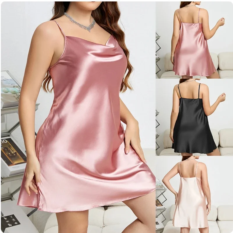 

Large Size 3XL 4XL 5XL Female Nightgown Sexy Suspender Nightdress Pink Chemise Sleepwear Bathrobe Loose Satin Home Dressing Gown