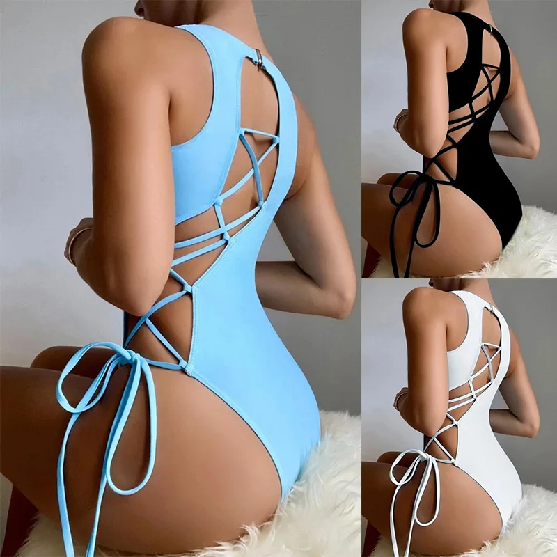 

Lace Up One Piece Swimsuit Women Swimwear 2022 Monokini Swimming Suit for Women Bathing Suit Sky Blue Beach Bath Suits