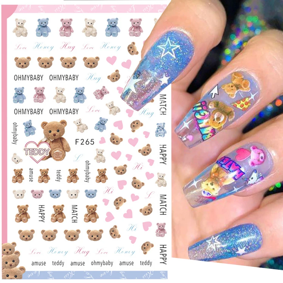 3D Kawaii Teddy Bear Nail Art Sticker Cartoon Self-adhesive Decal Cute Fantasy Design Sliders Manicure Decoration Accessories 3