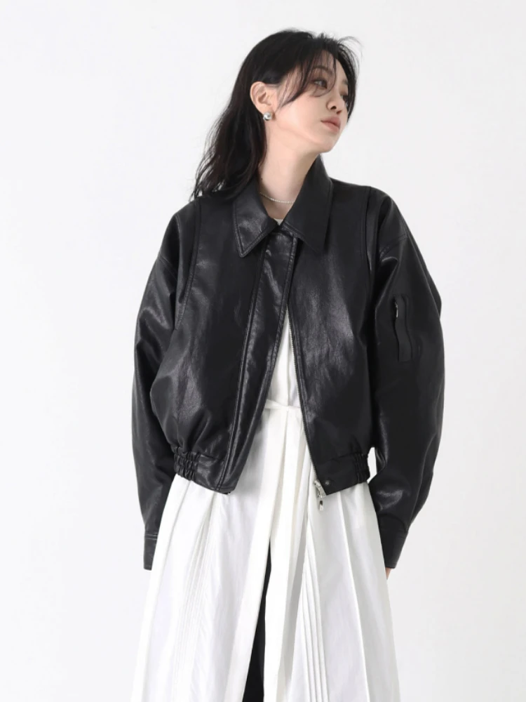 Winter Cropped Zipper Leather Jacket Women Vintage Loose