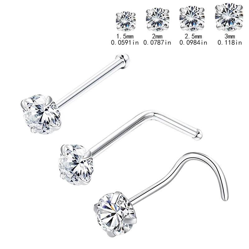 Cubic Zirconia Nose Studs I L Shaped Shiny Crystal Bone Nostril Piercing Jewelry 8pcs 1.5/2/2.5/3mm