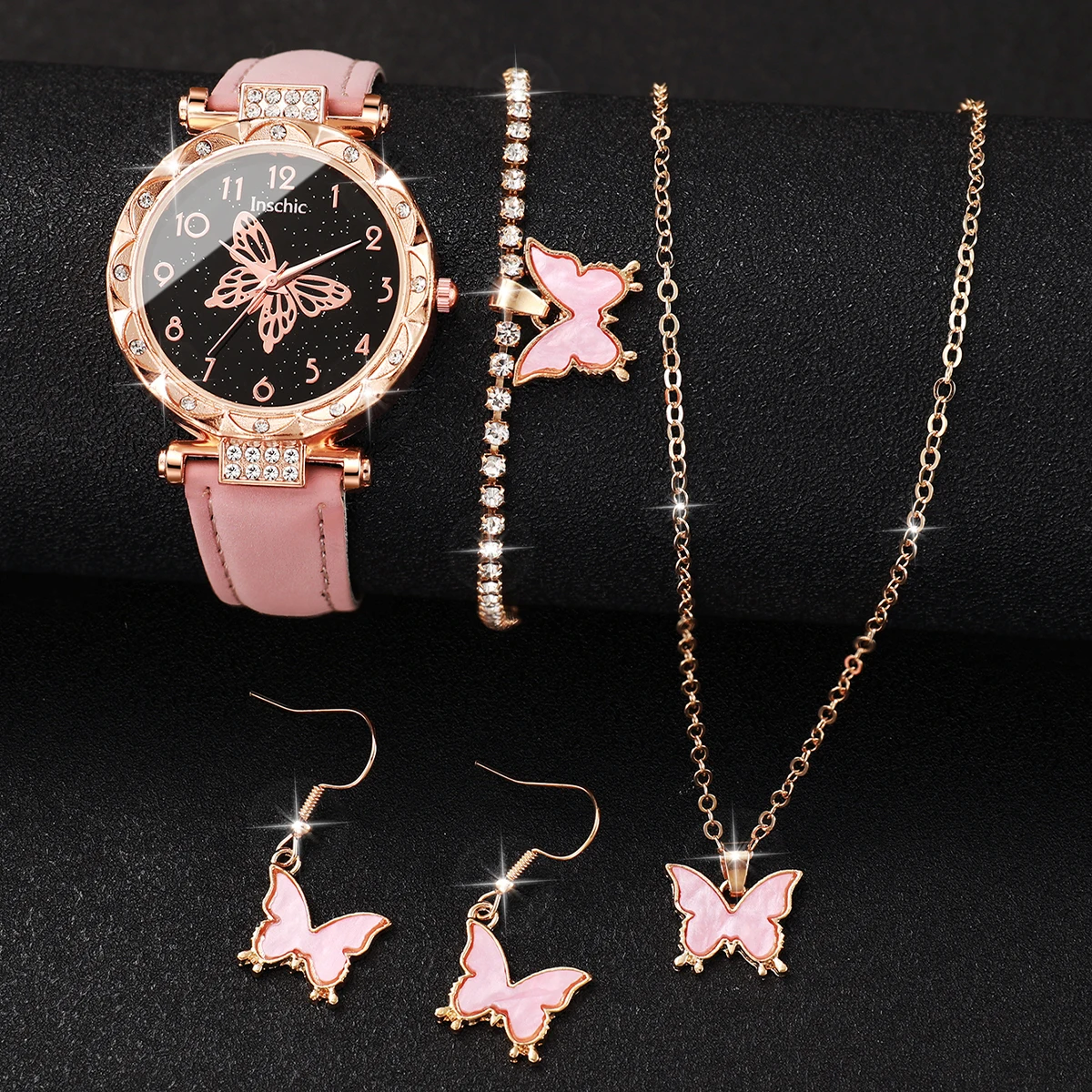 5pcs/set Women's Fashion Watch Set Butterfly Dial Pink Watch Casual Exquisite Watch with Butterfly Bracelet Necklace Earring Set