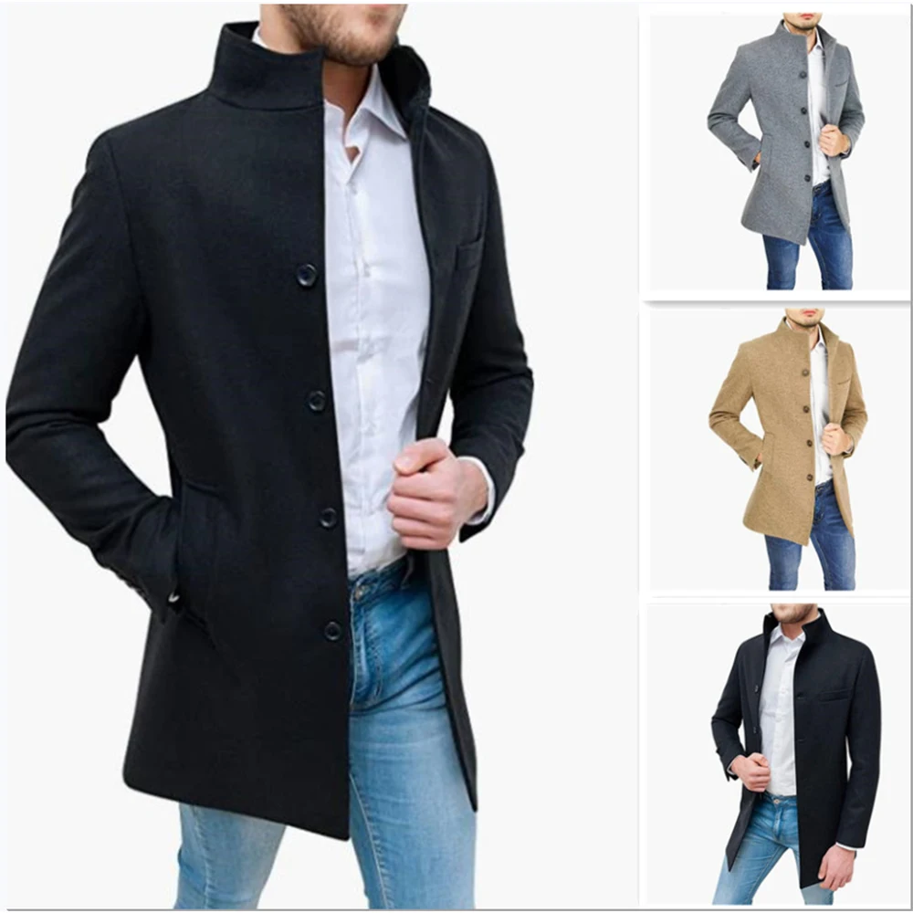 Fashion Men's Overcoat 2023 Spring and Autumn Woolen Coat St Collar   Trench  Casual Slim Solid Color Clothing
