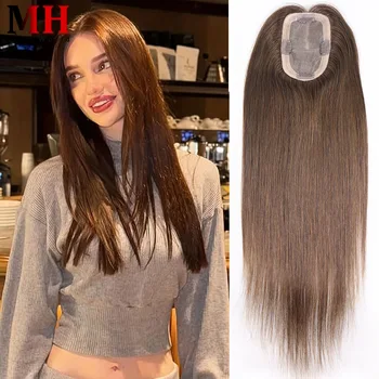 Toppers per capelli umani castani per donna Clip dritta da 16 pollici nel parrucchino Base mono Topper per capelli Remy a testa intera per capelli sottili