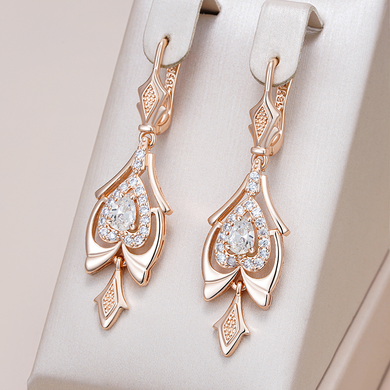 Kinel Hot 585 Rose Gold Color Fine Drop Earrings for Women Crystal Flower White Natural Zircon Accessories Daily Vintage Jewelry
