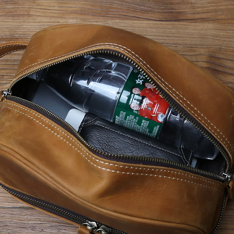 NZPJ Vintage Genuine Leather Toiletry Bag Top Layer Cowhide Makeup Bag Crazy Horse Skin Men's Handbag Tablet Computer Bag
