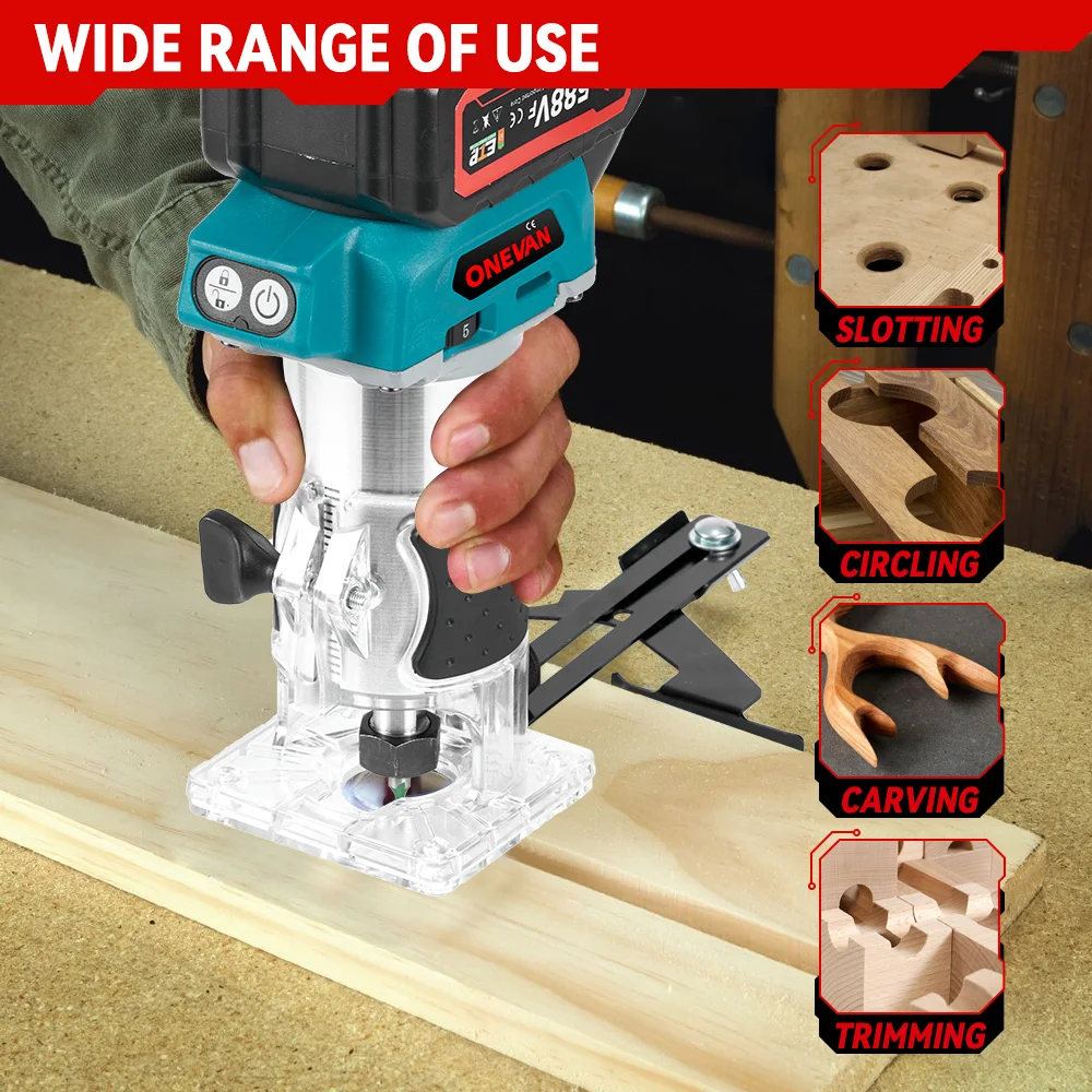 ONEVAN 1600W Brushless Electric Trimmer 5 Gears Cordless Woodworking Engraving Slotting Milling Router For Makita 18V Battery 3