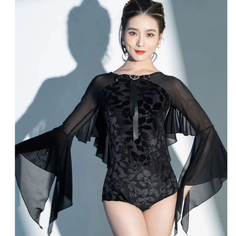 

X2141 Lady Latin Dance Jumpsuit Women's Modern Dance Blouse Ballroom Dancing Top Waltz Horn Long-sleeved Jumpsuit