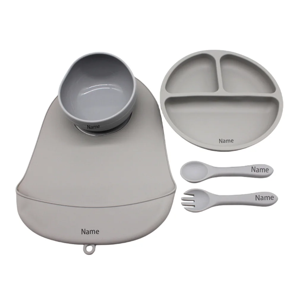 5-Piece Children's Tableware Set with Free Name Printing Personalized Silicone Tableware—Unique Gifts for Boys and Girls.