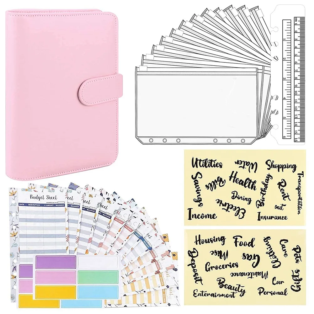 

Блокнот A6 из полиуретана, система с 12 конвертами, органайзер для планирования бюджет, для денег, наличных, розового цвета