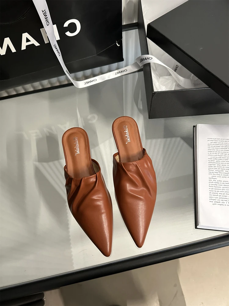 

Мюли женские с острым носком, Мягкие Шлепанцы из искусственной кожи, плоская подошва, низкий каблук, повседневные плиссированные, без задника, 2023