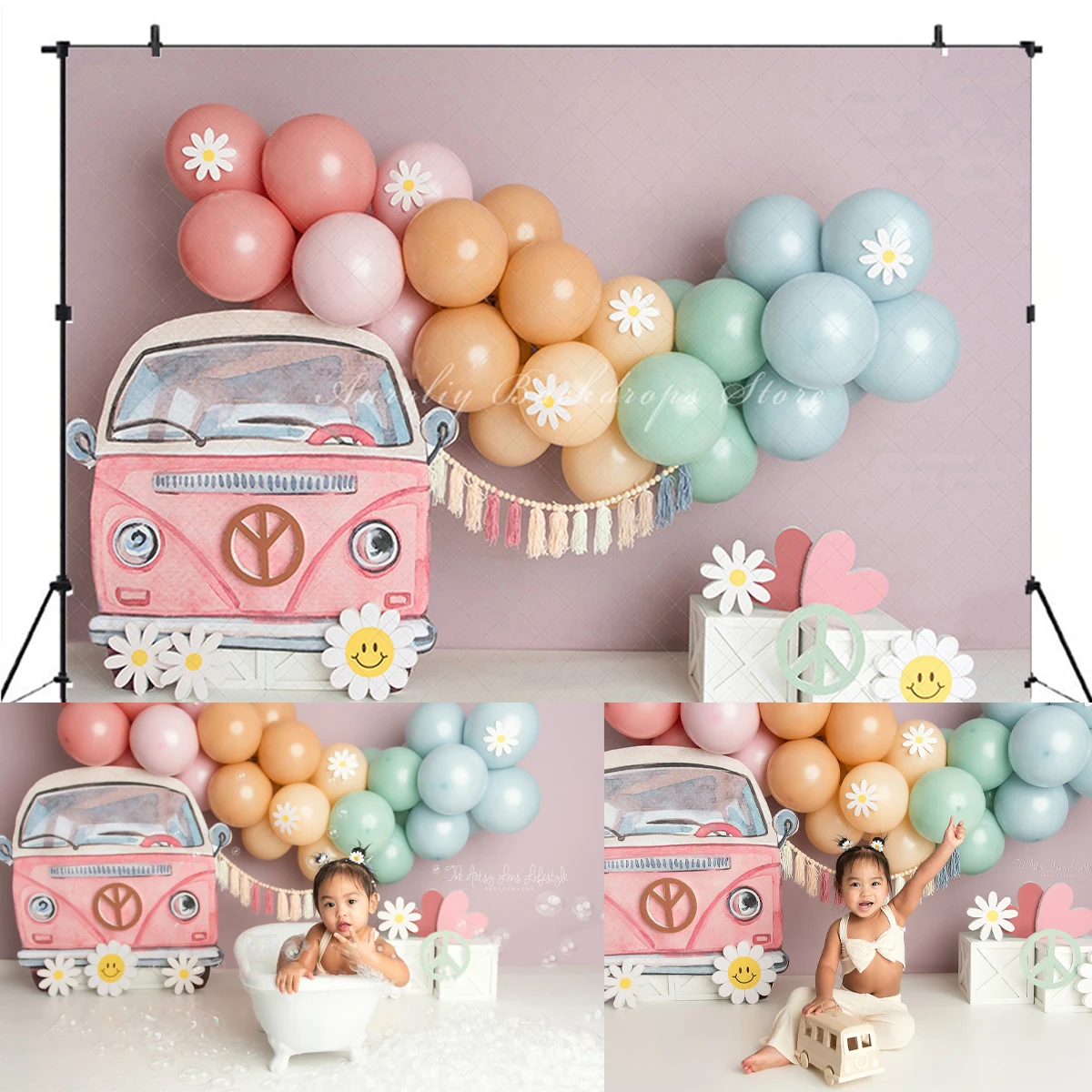 Groovy Cute Car Background Birthday Cake Smash Adult Photography Puntelli Baby Child Photocall Decors Retro Travel Bus Background