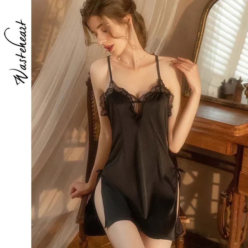 

Wasteheart Women Fashion Red Pink Sexy Sleepwear Lingerie Faux Silk Lace Strap Nightwear Homewear Nightgown Female Gown