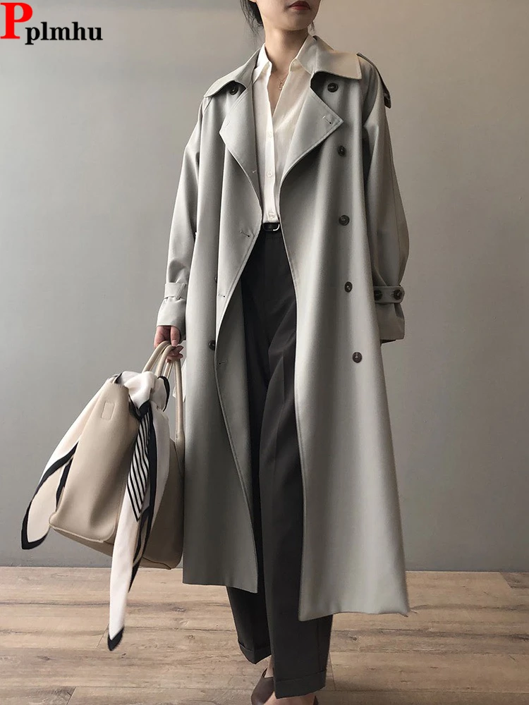 Classic Grey Long Belt Trench Coats Women Korean Double Breasted Gabardina Jackets Streetwear Windbreaker Abrigos Spring Casacos