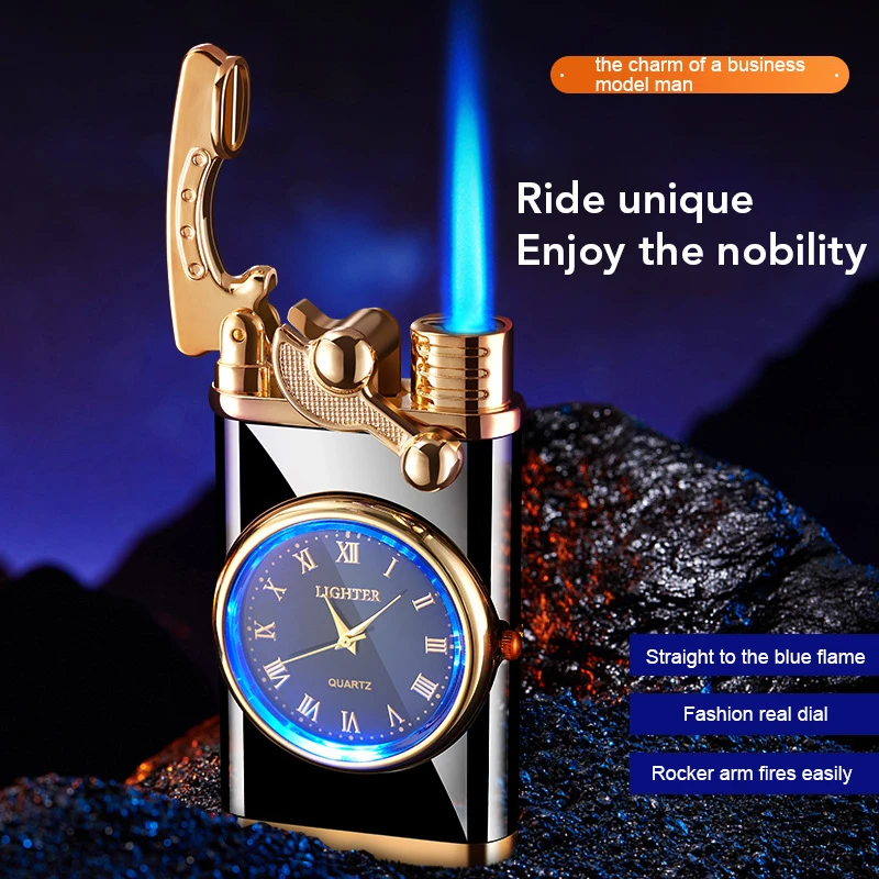 Rocker Arm Automatic Ignition Straight Blue Flame Lighter Creative Real Dial Inflatable Windproof Lighter Men's Watch Gift New