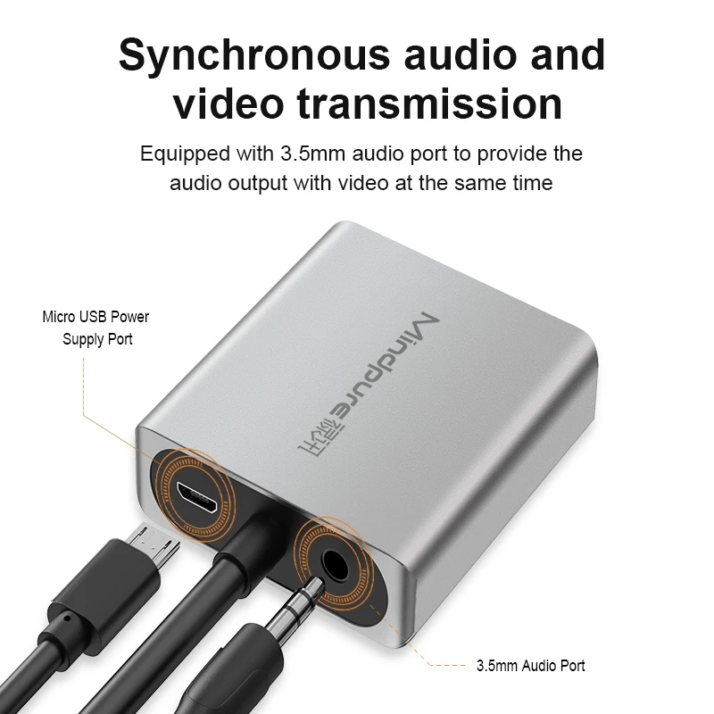 Mindpure VGA to HDMI Adapter 1080P With 3.5mm Audio Jack USB Power Male to Female Converter for PC Laptop HDTV Projector Monitor