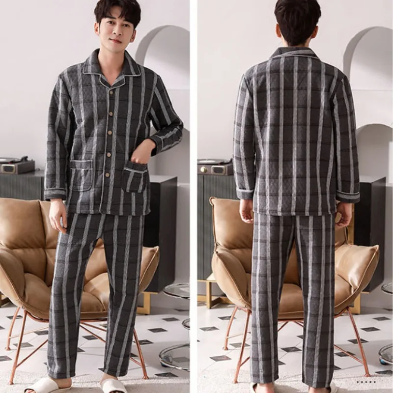 2023 Autumn Winter Men Pajamas Long Sleeves Thickened Laminated Cotton Warm Sleepwear Set Middle-aged Elderly Plus-size Homewear