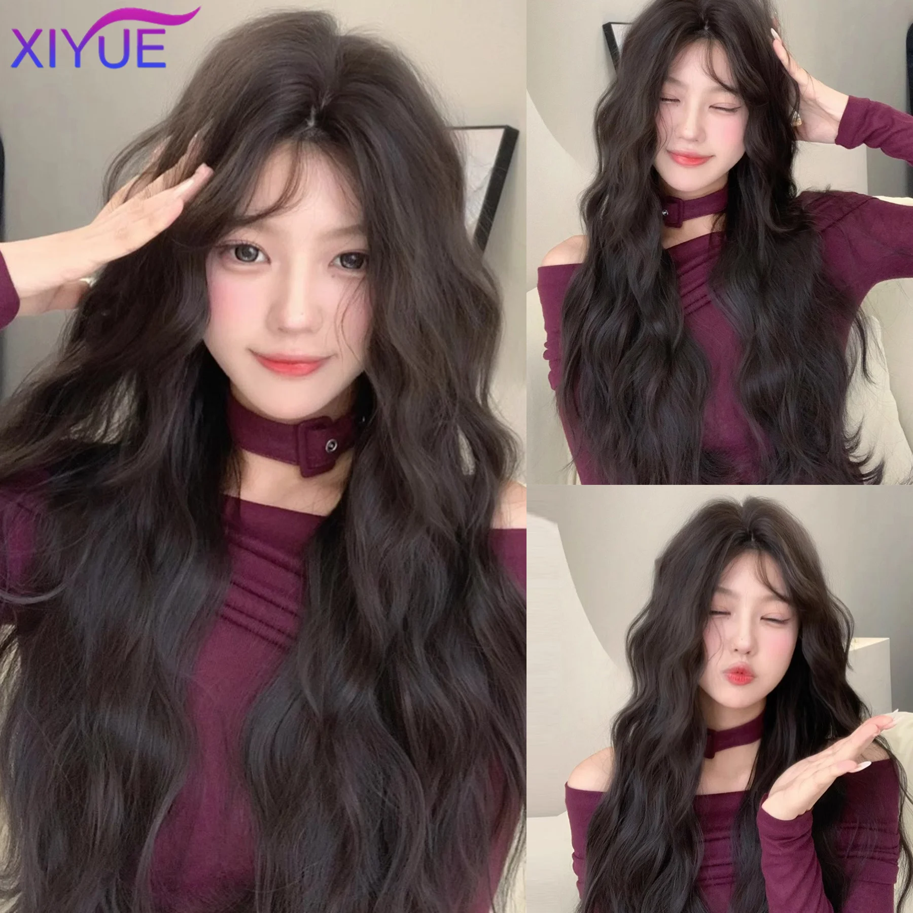 XIYUE Synthetic Lace Frontal Wig Long Curly Hair Women Wig with Bangs Black Lolita Cosplay Braided Wigs