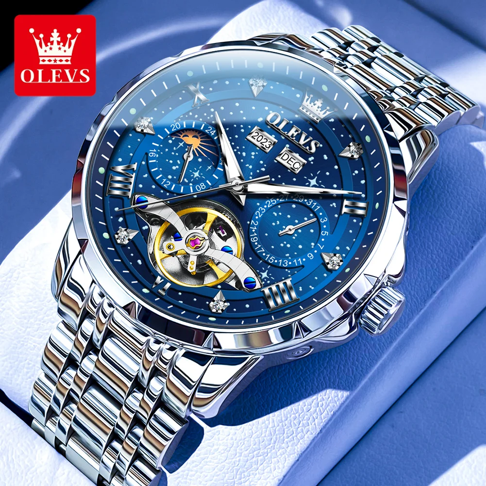OLEVS 6690 Original Starry Sky Men's Watches Skeleton Flywheel