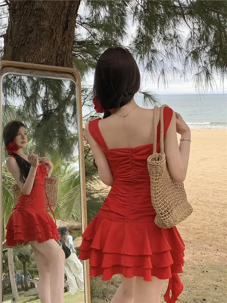 Summer New Holiday Beach Style Short Dresses for Women Spaghetti Strap Ruffles A-line Birthday Party Dress Korean Chic Vestidos
