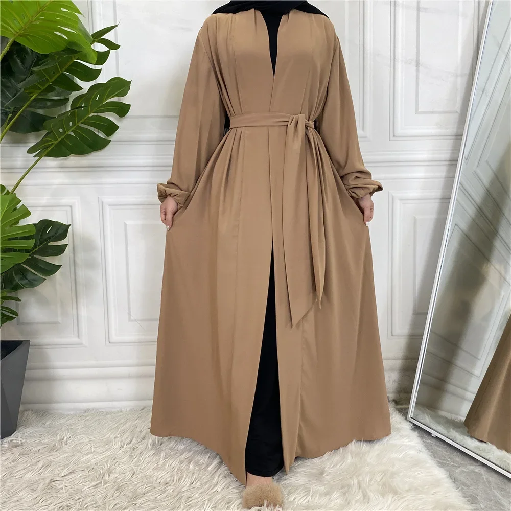 Plain Open Abaya Kimono Turkey Elastic Cuff Belted Abayas for Women Dubai Muslim Hijab Dress Islam Modest Outfits Kaftan Robe