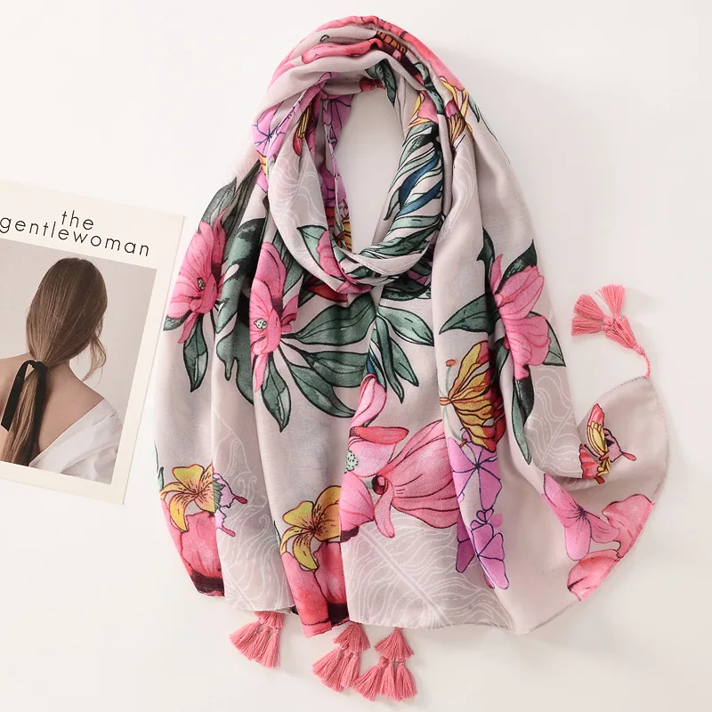 

Women Luxury Brand Viscose Scarf Butterfly Floral Tassel Shawls Autumn Winter Wrap Pashmina Stole Muslim Hijab Sjaal 180*90Cm