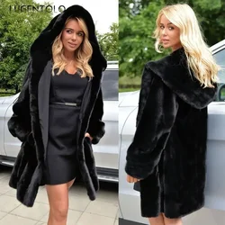 Women Black Fur Coat Winter Streetwear Fashion Large Size Loose Famale Hooded Thick Warm Fur Cardigan Coat Elegant Lugentolo