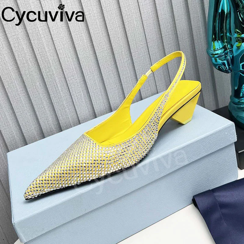 

Luxury Crystal Slingback Pumps Summer Spike Heel Brand Sandals Women Point Toe Dress Shoes For Woman 2024 Sandalias Mujer