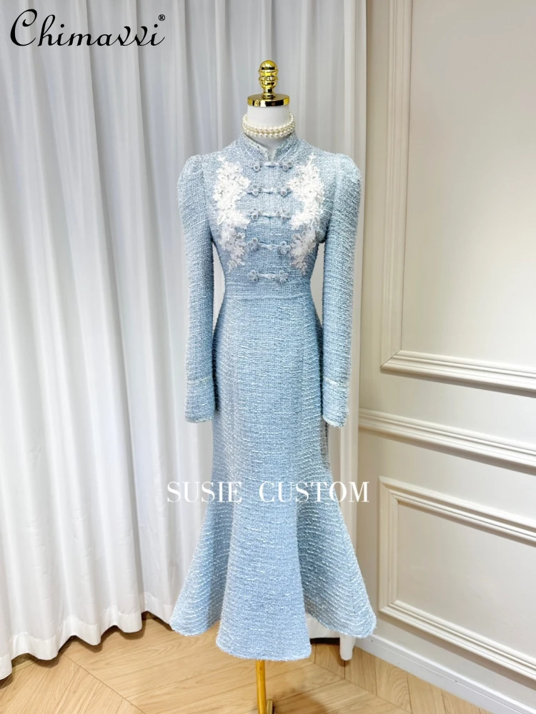 

Fashion Chinese Stand Collar Puff Sleeve Diamond Bead Buckle Ladies Dress Spring Elegant 3D Embroidery Flower Slim Long Dress