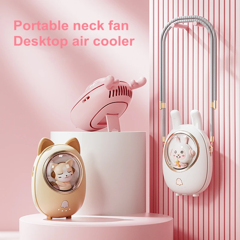 Cute Pet Hand Free Electric Fan Hanging Neck Fan For Outdoor Travel Portable Usb Rechargeable Mini Lazy Neckband Bladeless Fan