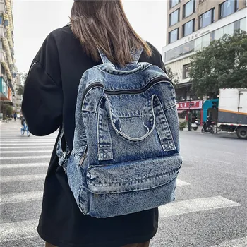 Zaino in denim per donna e uomo Zaino per laptop casual di grande capacità Borse da scuola per studenti universitari Borsa da viaggio blu moda libro 1