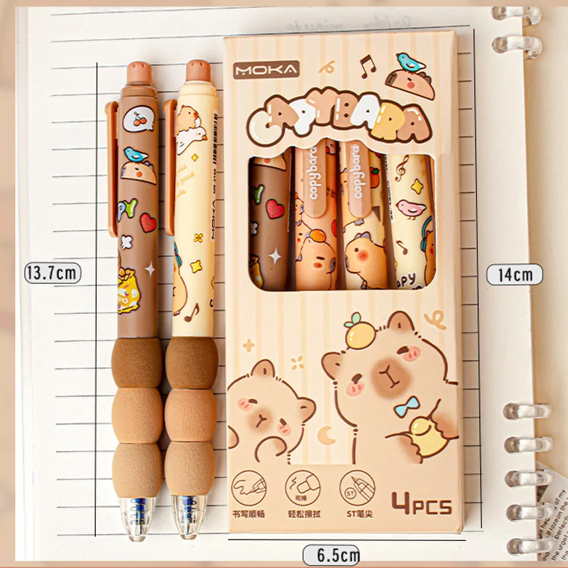 Cute Cartoon Capybara Retractable Erasable Gel Pens 4Pcs 0.5mm ST Nibs Blue Ink Refillable Writing Supplies