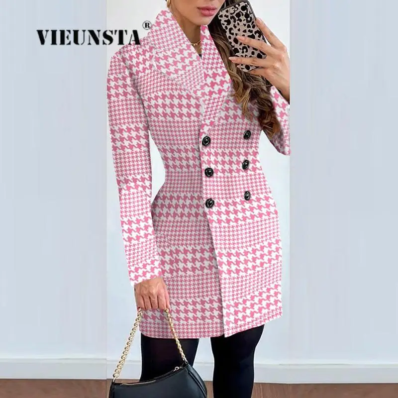 

Women Long Sleeved Double-breasted Suit Jacket Vintage Slim Plaid Printed Commute Coats Autumn Winter Female Lapel Office Blazer