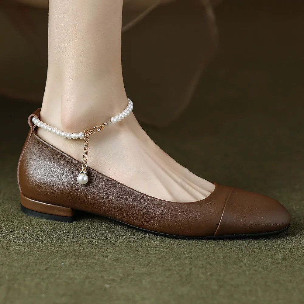

Women's genuine leather ankle strap ballet flats round toe soft comfortable beading decoration elegant ladies ballerians shoes