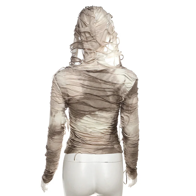Wasteland Tops Mujer Y2K Ropa Tie Dye Estampado Rasgado Camiseta de Manga Larga con Capucha Ropa Cybercore de los 2000 Ropa Urbana