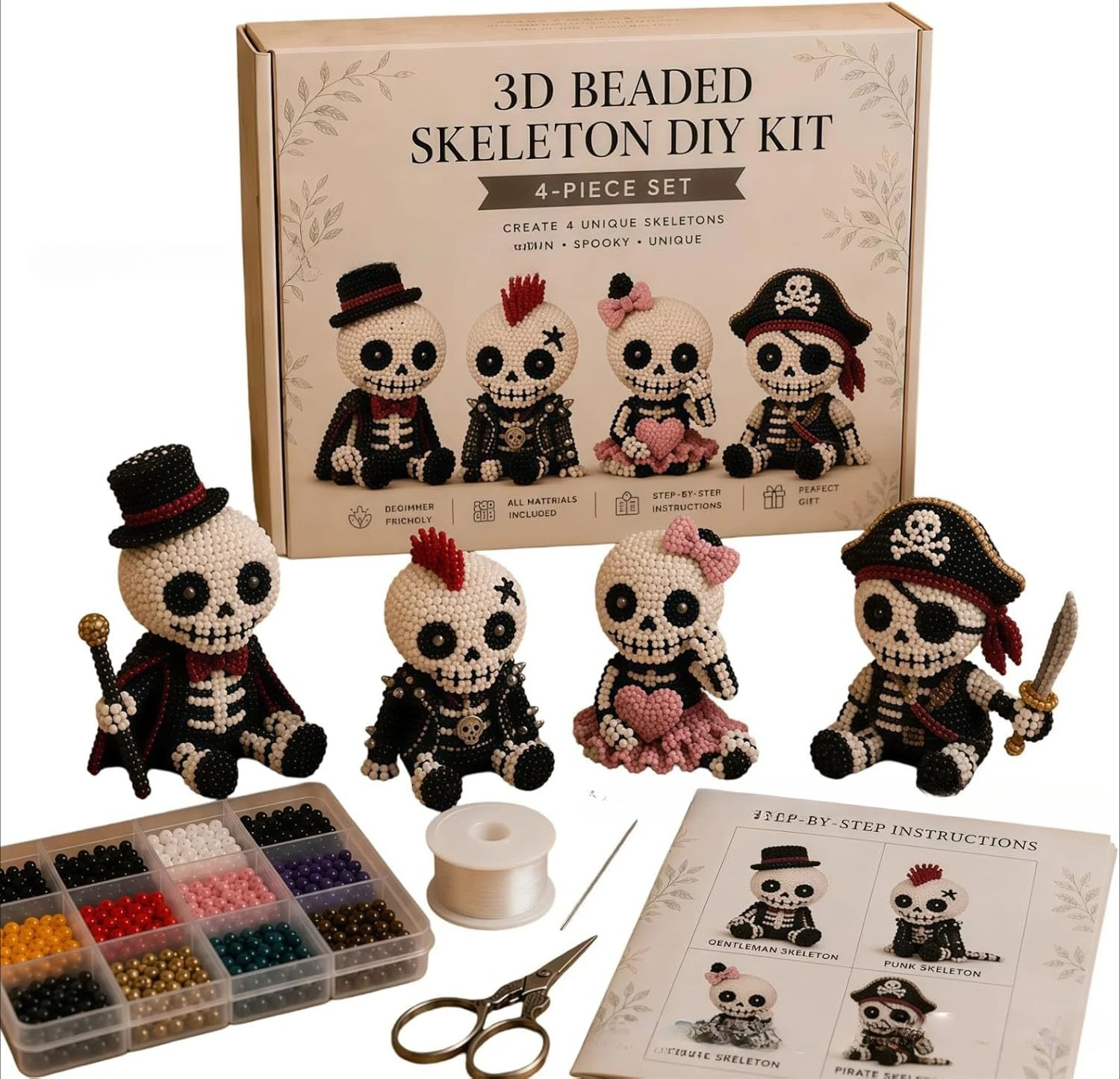 Kit Creativo 3D per Scheletri con Perline, Set Artistico Fai-da-Te Unico con Istruzioni, Regalo Perfetto per Bambini e Adulti, Divertente Set da 4 Pezzi - immagine 6