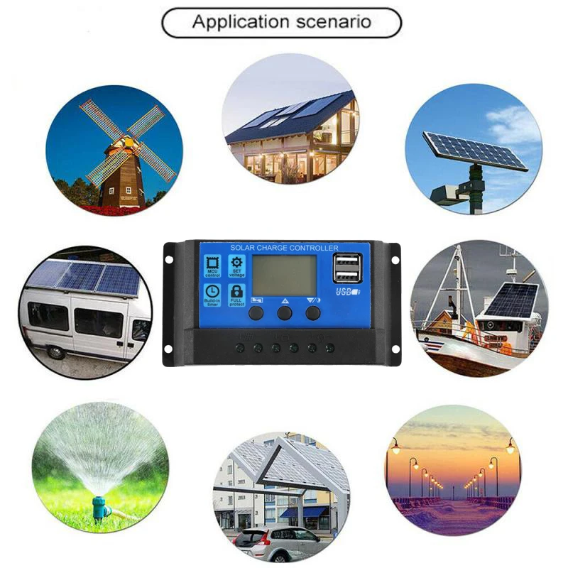 Solar Battery Charge Controller Solar Charger Solar Charge Controller 12V/24V 10A-100A Automatic Solar Panel Controller Regulator Universal USB 5V Charging LCD Display